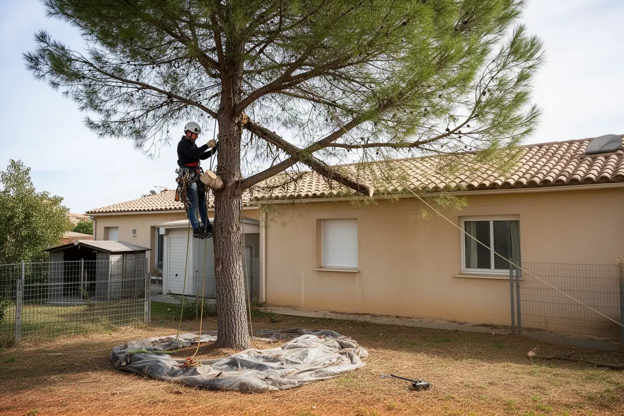 Élagueur démontant un arbre dangereux à Béziers