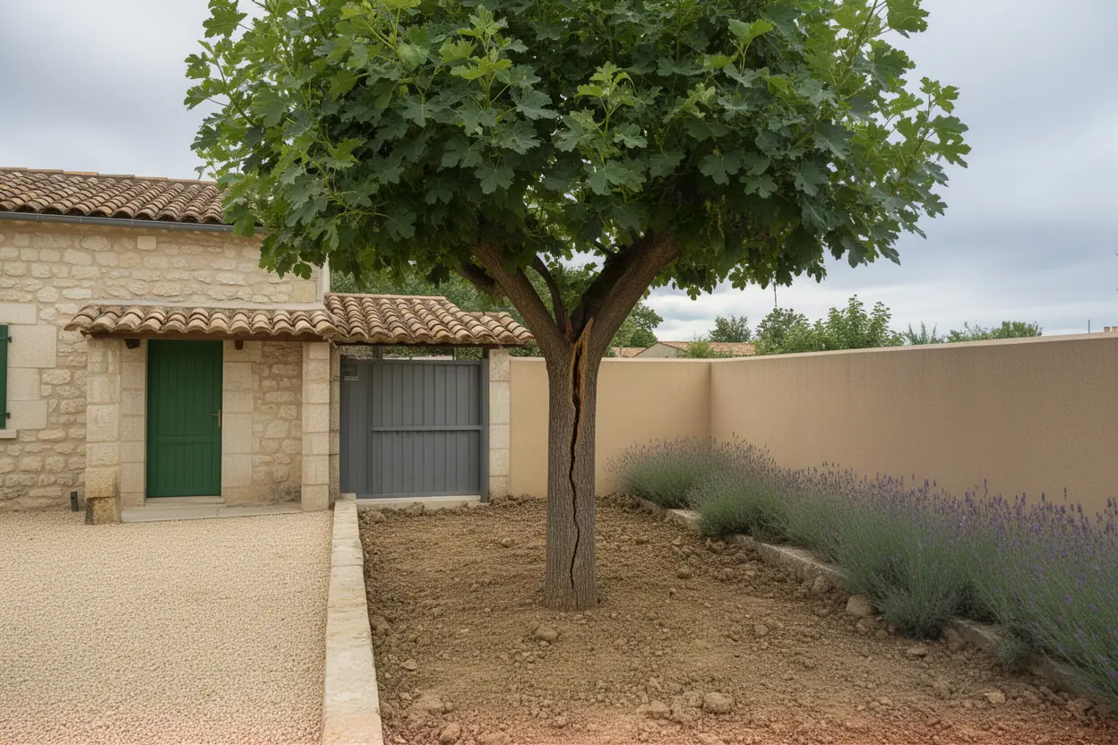 Arbre fissuré avant intervention rapide à Maraussan