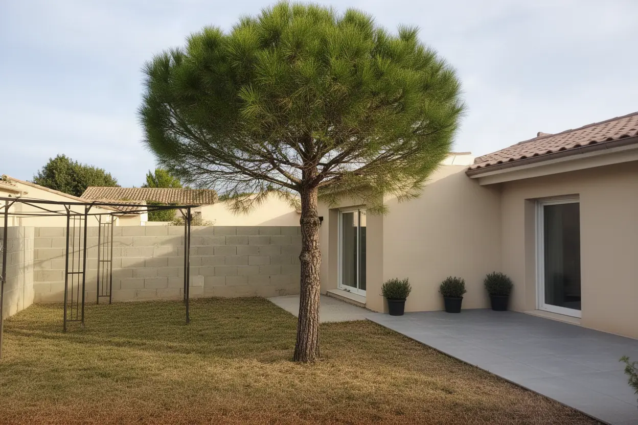 Pin incliné près d'une terrasse à Villeneuve-lès-Béziers