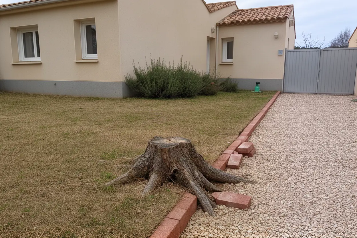 Souche gênant une allée de jardin à Boujan-sur-Libron