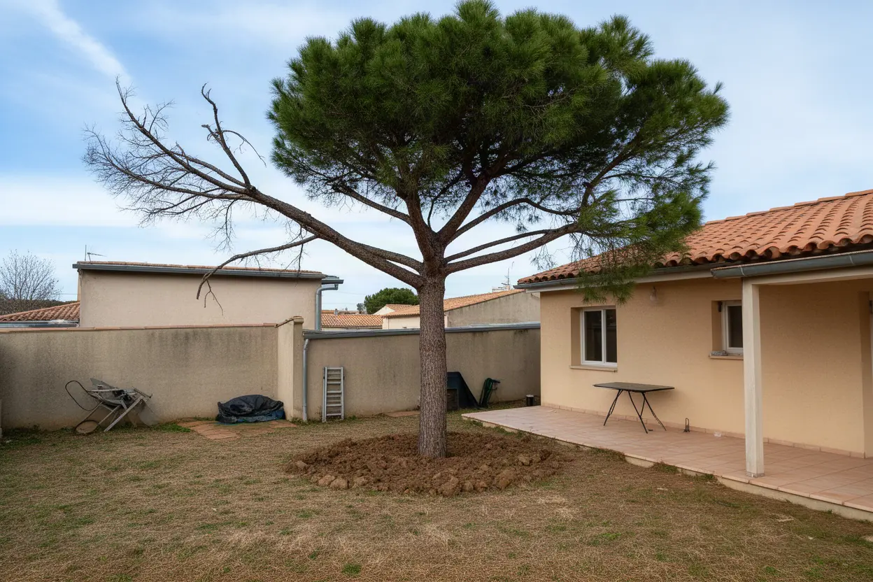 Pin dense avant élagage dans un jardin à Béziers