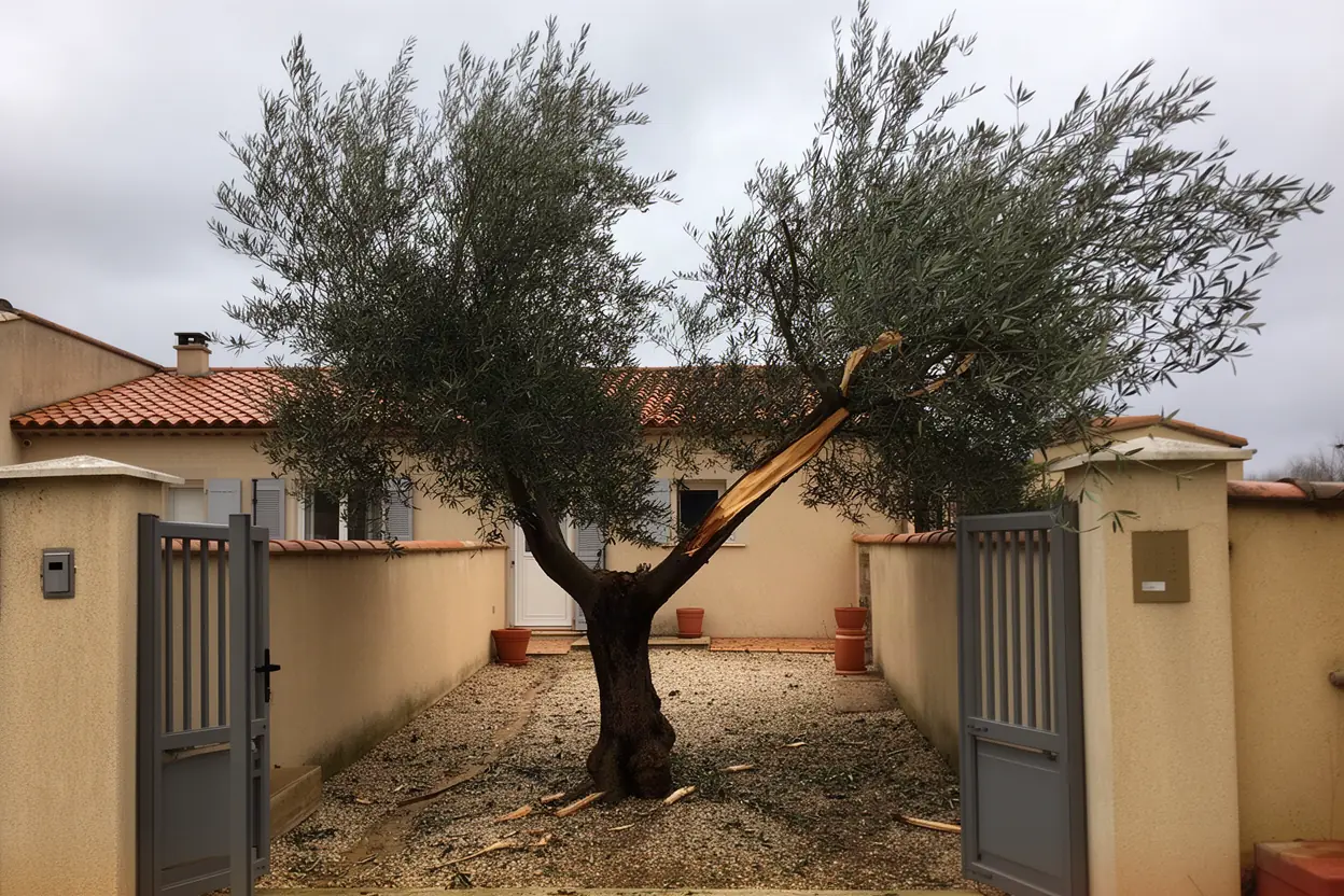 Branche fendue suspendue après vent à Cazouls-lès-Béziers