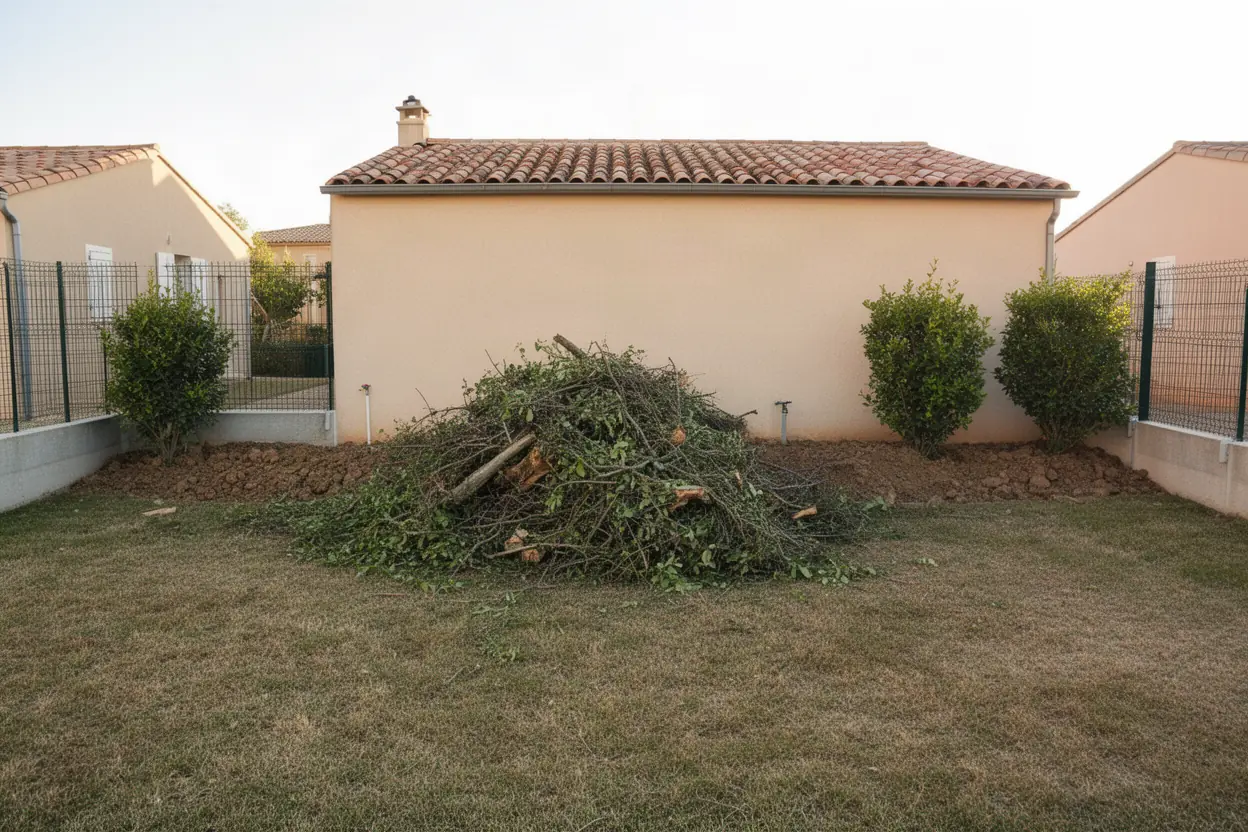 Branches d'élagage entassées dans un jardin à Maraussan
