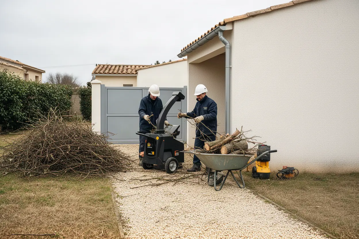 Équipe broyant des branches après élagage à Sérignan