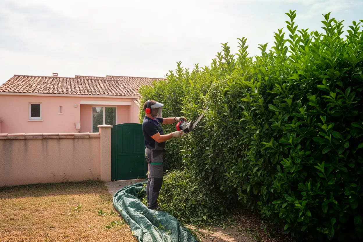 Jardinier taillant une haie résidentielle à Sérignan
